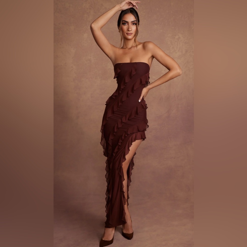 OHPOLLY Nevali Bandeau Ruffle Detail Maxi Dress in Brown